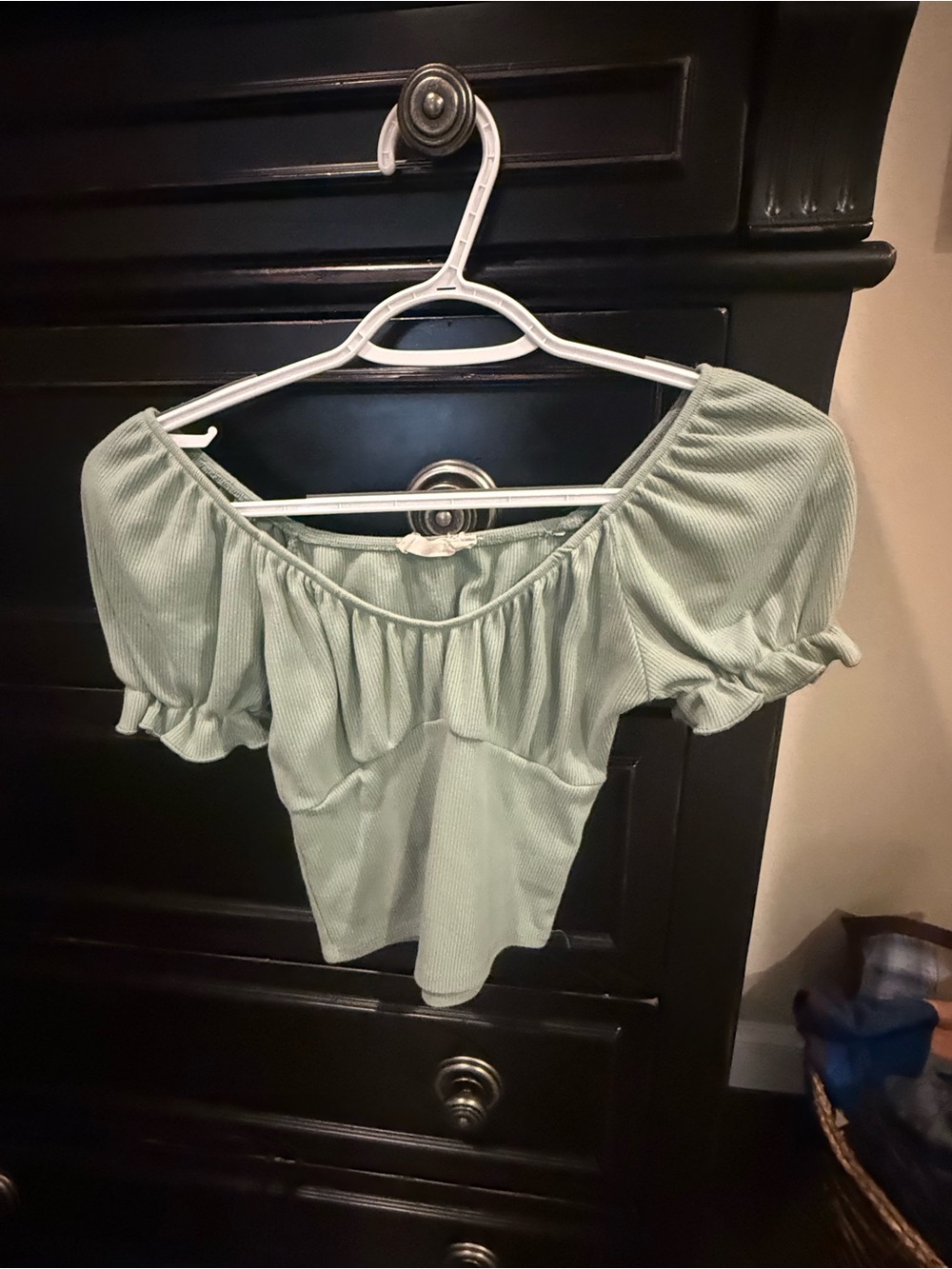 Altar'd State Sage Green Off-Shoulder Puff Sleeve Crop Top